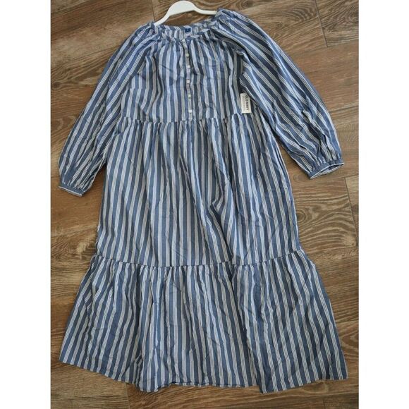 Old Navy 846019 Women's Sz M Blue/White Striped Button Front Tiered Midi Dress - Picture 5 of 7